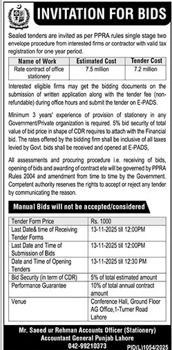 PPRA Lahore Tender Notice